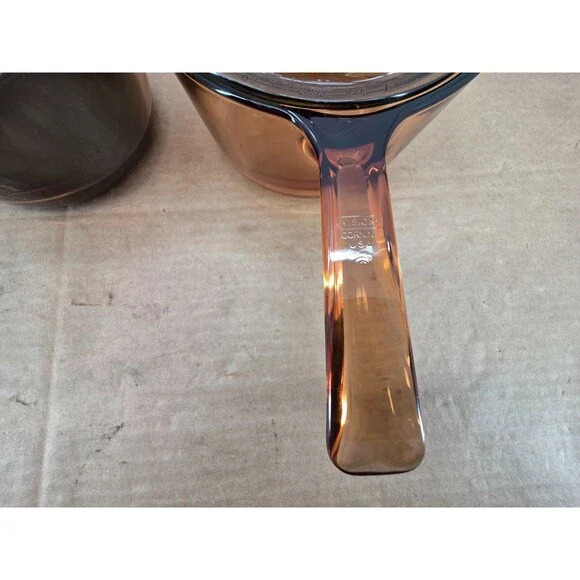 Vintage Vision Corning Sauce Pan Pot w/Pyrex Lid Amber Glass Cookware 2 of